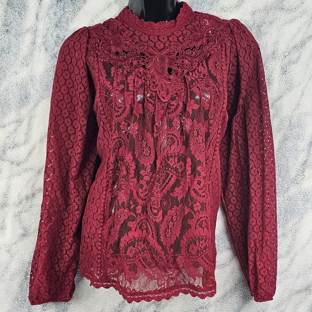 Torrid 1 1X 14-16 Deep Red Burgundy Mixed Lace High Neck Blouse Button Details